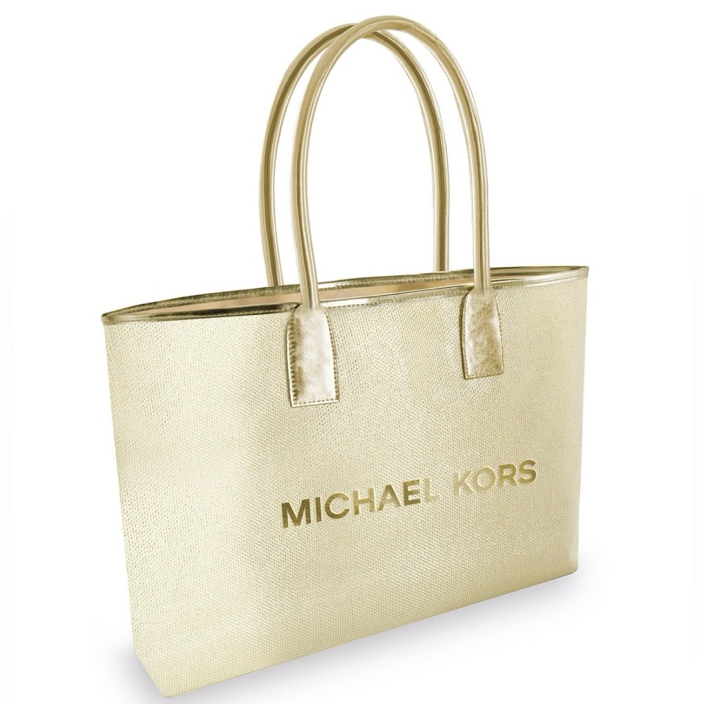 New! Michael Kors Gold Raffia Tote Beach Travel Bag & Cosmetics Pouch Two Pc Set